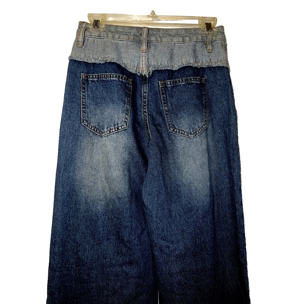 Fashion Nova Two Tone Double Waistband Distressed Wide Leg Jeans Medium Wash 3 - Picture 5 of 11